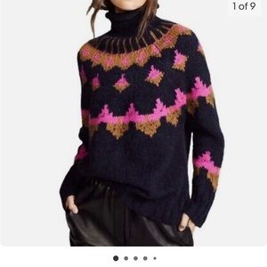 A.L.C. Navy Blue Multicolor Shapiro Fairisle Wool Alpaca Turtleneck Sweater